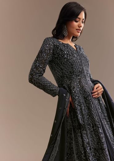 Navy Blue Sequined High Slit Kurta Lehenga Set