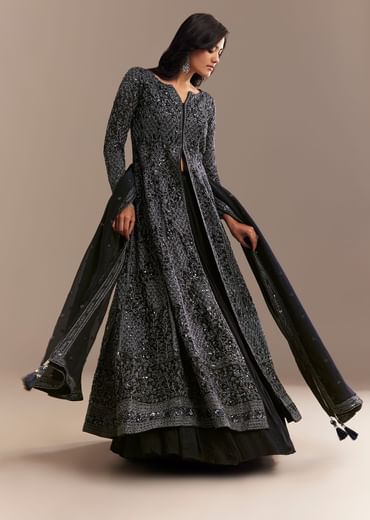 Navy Blue Sequined High Slit Kurta Lehenga Set