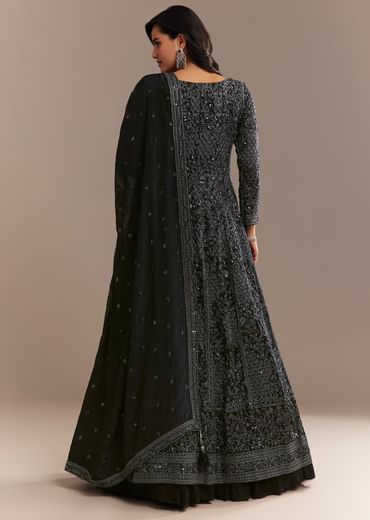 Navy Blue Sequined High Slit Kurta Lehenga Set