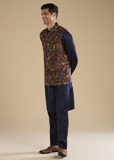Navy Blue Silk Jacket Kurta Set with Resham Work
