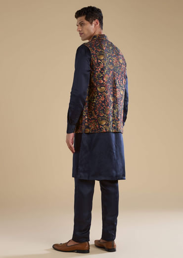 Navy Blue Silk Jacket Kurta Set with Resham Work