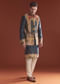 Navy Blue Silk Kurta Jacket Set For Men With Ethnic Print