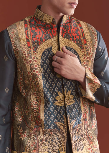 Navy Blue Silk Kurta Jacket Set For Men With Ethnic Print
