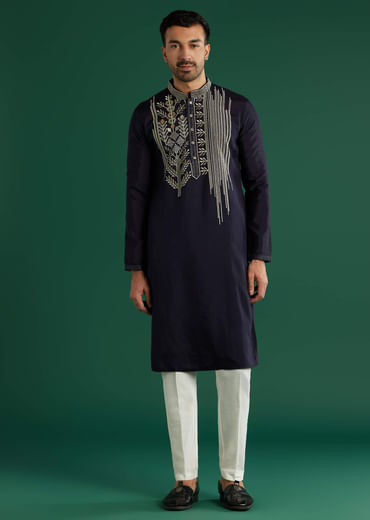 Navy Blue Silk Kurta Set For Men With Gota Work