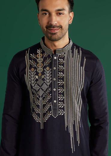Navy Blue Silk Kurta Set For Men With Gota Work