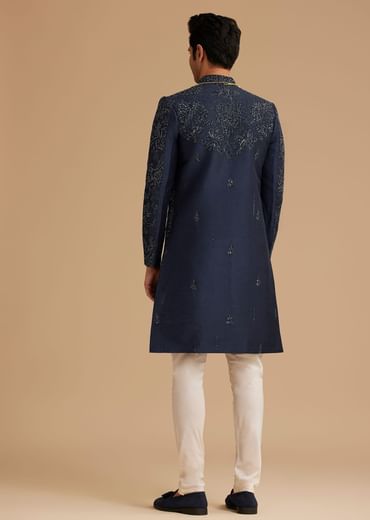 Navy Blue Silk Open Sherwani With Zardosi Embroidery