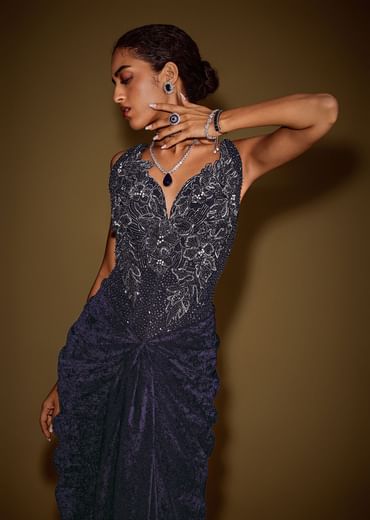 Navy Blue Sleeveless Velvet Corset Drape Gown With 3D Embellishments