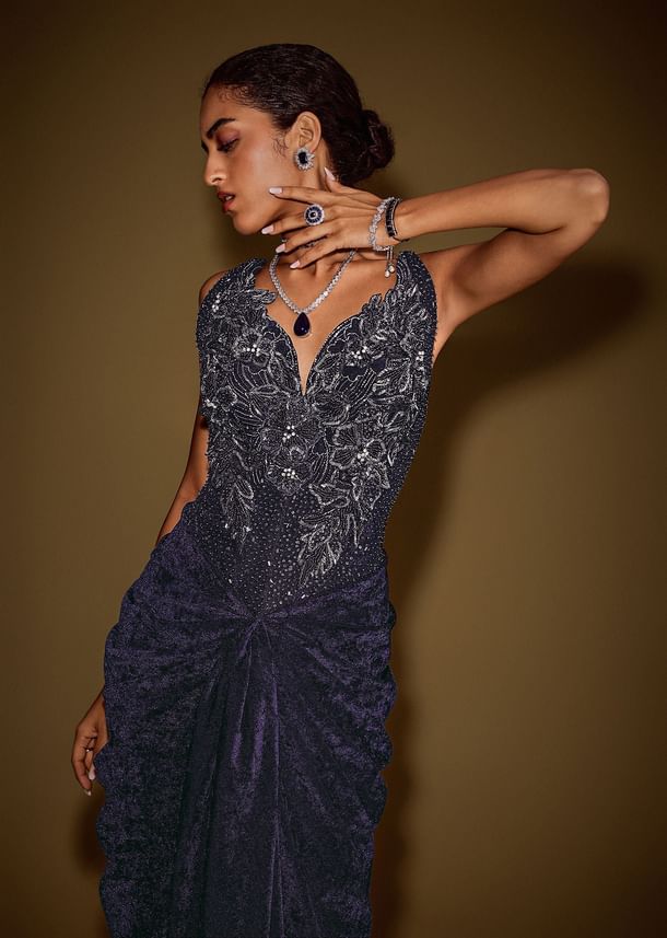 Navy Blue Sleeveless Velvet Corset Drape Gown With 3D Embellishments
