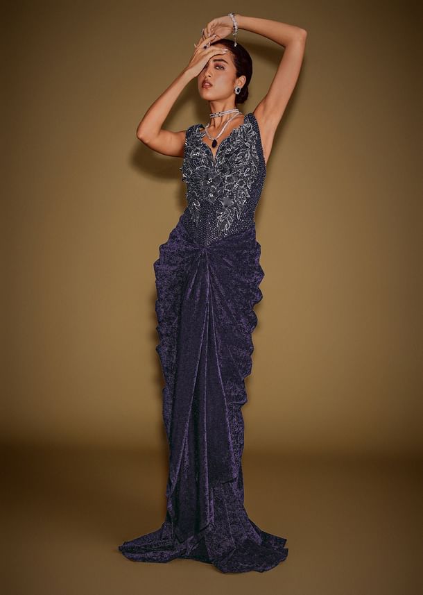 Navy Blue Sleeveless Velvet Corset Drape Gown With 3D Embellishments