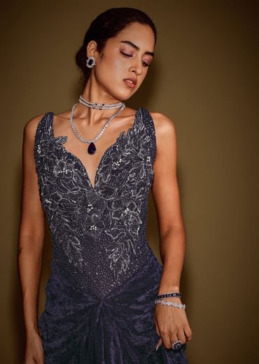 Navy Blue Sleeveless Velvet Corset Drape Gown With 3D Embellishments