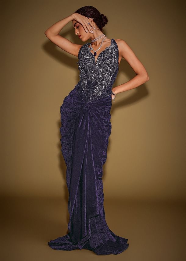 Navy Blue Sleeveless Velvet Corset Drape Gown With 3D Embellishments