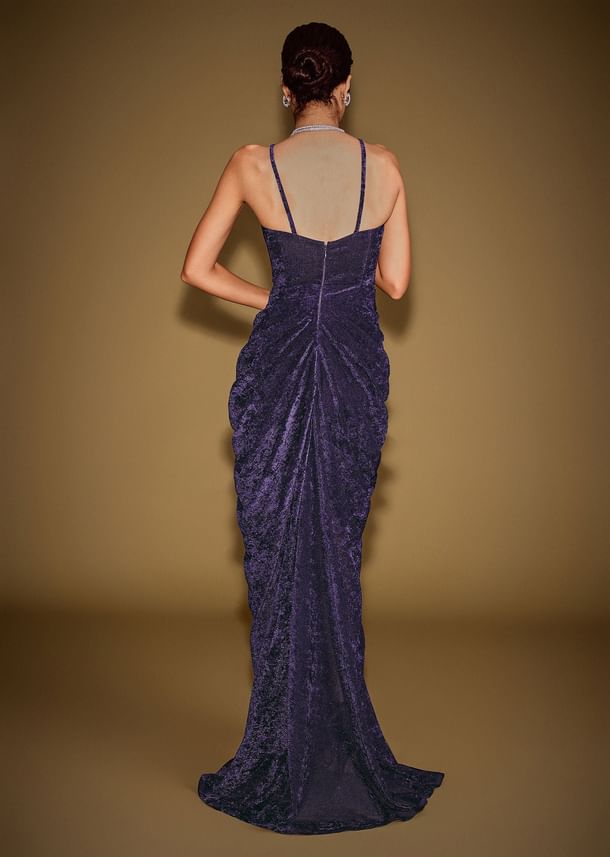 Navy Blue Sleeveless Velvet Corset Drape Gown With 3D Embellishments