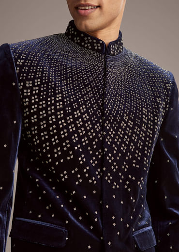 Navy Blue Velvet Jodhpuri Suit For Men With Beads Work