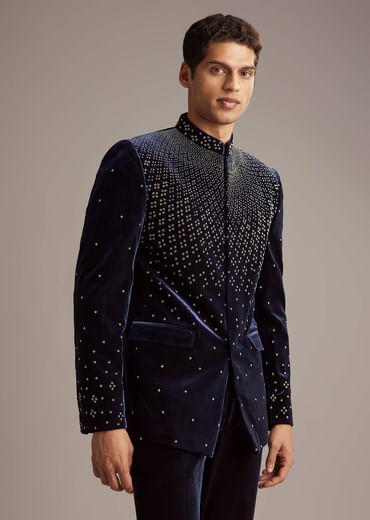 Navy Blue Velvet Jodhpuri Suit For Men With Beads Work