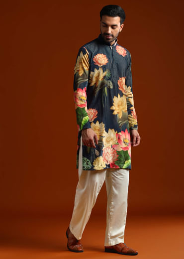 Navy Blue Velvet Kurta Set For Men With Print