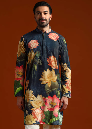 Navy Blue Velvet Kurta Set For Men With Print