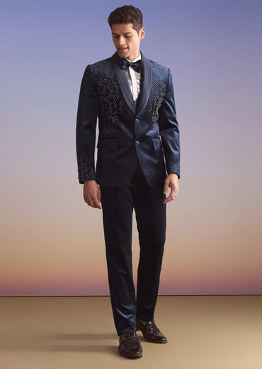Navy Blue Velvet Tuxedo For Men With Hand Embroidery