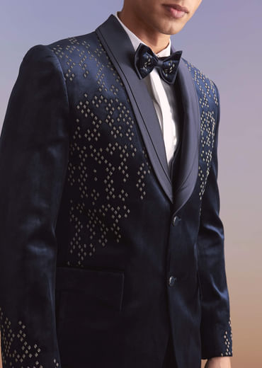 Navy Blue Velvet Tuxedo For Men With Hand Embroidery