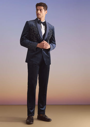 Navy Blue Velvet Tuxedo For Men With Hand Embroidery