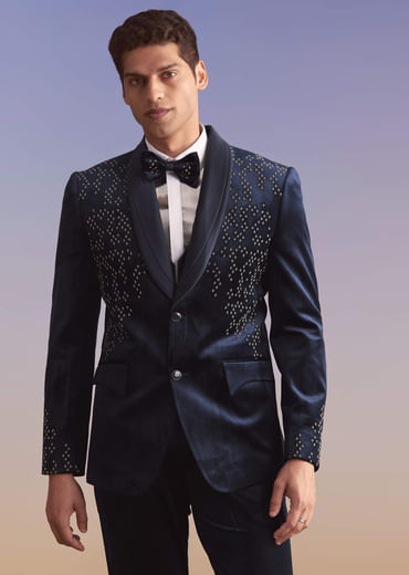 Navy Blue Velvet Tuxedo For Men With Hand Embroidery