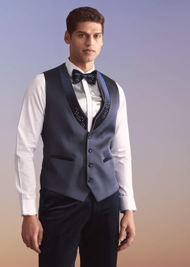 Navy Blue Velvet Tuxedo For Men With Hand Embroidery