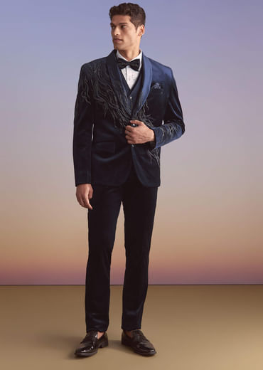 Navy Blue Velvet Tuxedo For Men With Intricate Hand Work