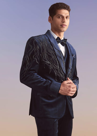 Navy Blue Velvet Tuxedo For Men With Intricate Hand Work