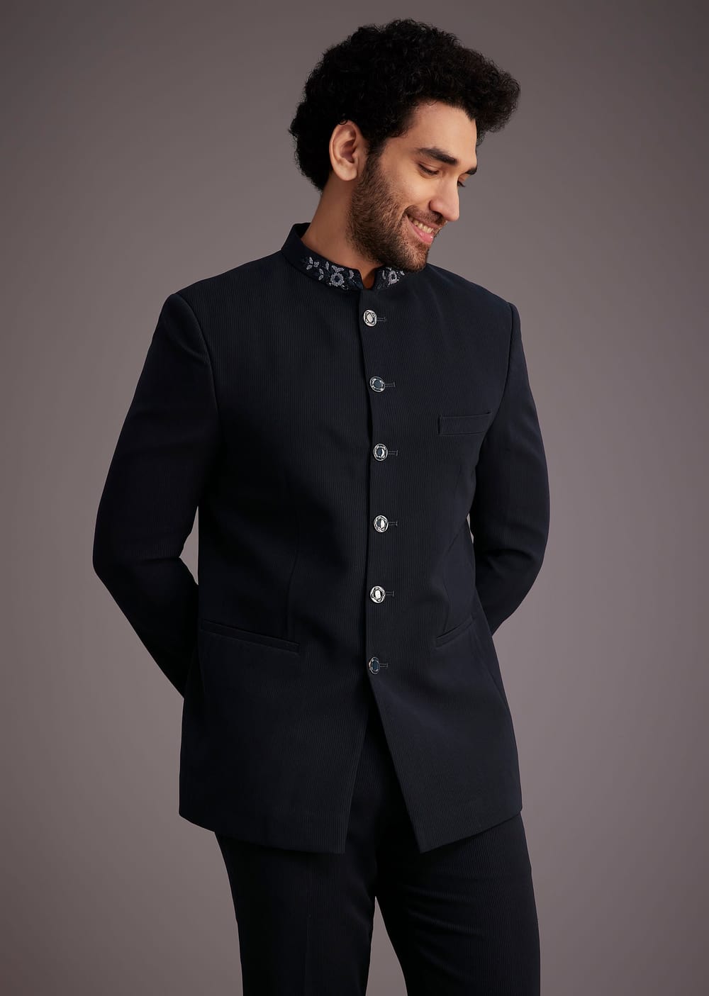 Navy Blue Bandhgala Suit With Embroidered Collar KALKI FASHION UK