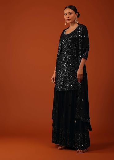 Black Chinon Kurti And Sharara Set With Sequins Work