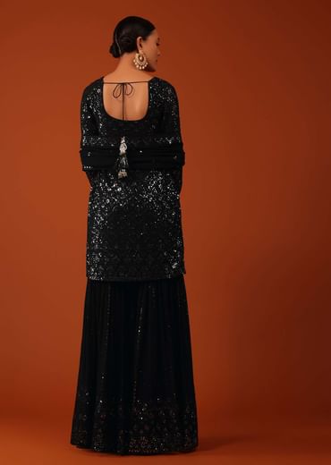 Black Chinon Kurti And Sharara Set With Sequins Work