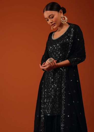 Black Chinon Kurti And Sharara Set With Sequins Work