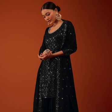 Black Chinon Kurti And Sharara Set With Sequins Work