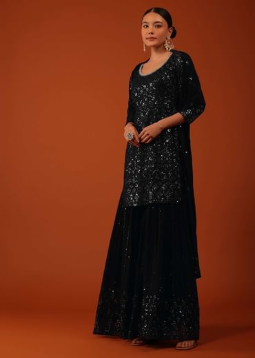 Black Chinon Kurti And Sharara Set With Sequins Work