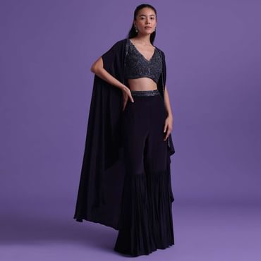 Navy Blue Cut Dana Embroidered Sharara And Blouse Set With Shrug in Satin
