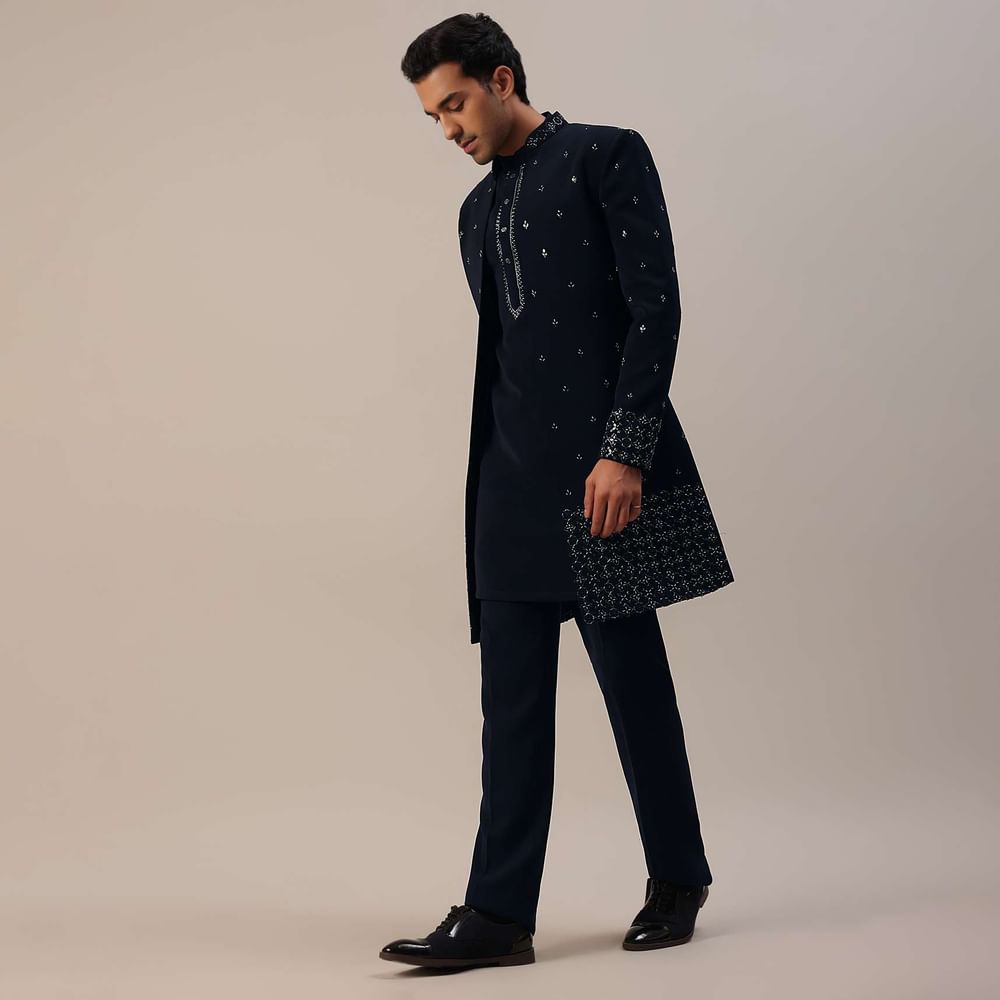 Navy Blue Cut Work Embroidered Indowestern In Suiting