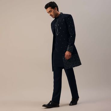 Navy Blue Cut Work Embroidered Indowestern In Suiting