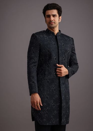 Navy Blue Cutdana Embroidered Indowestern Suit