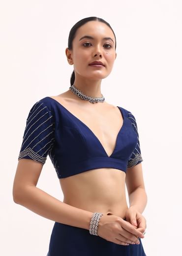 Navy Blue Cutdana Embroidered Saree With Unstitched Blouse