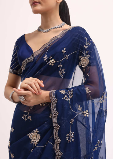 Navy Blue Cutdana Embroidered Saree With Unstitched Blouse