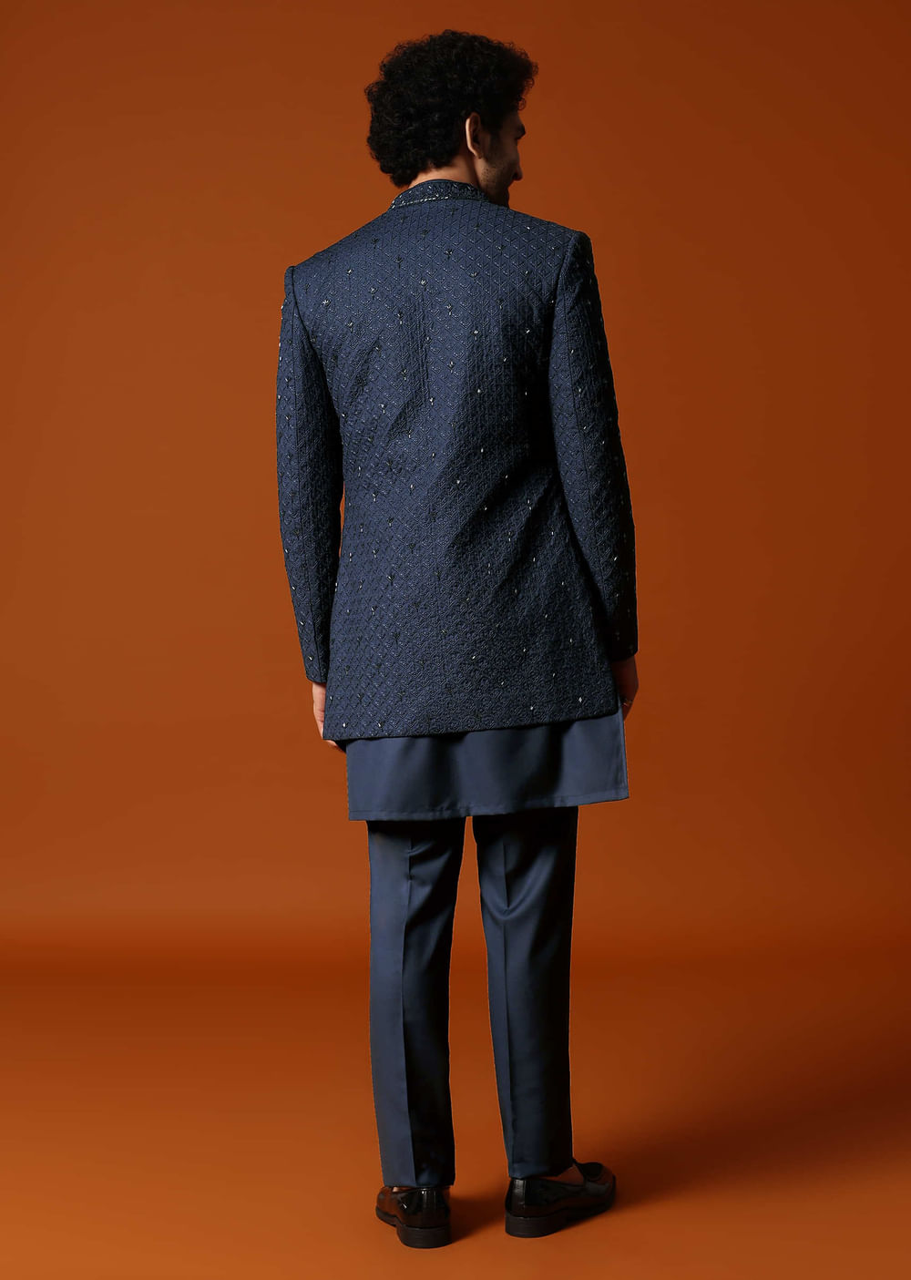 Navy Blue Cutdana Embroidered Sherwani Set For Men