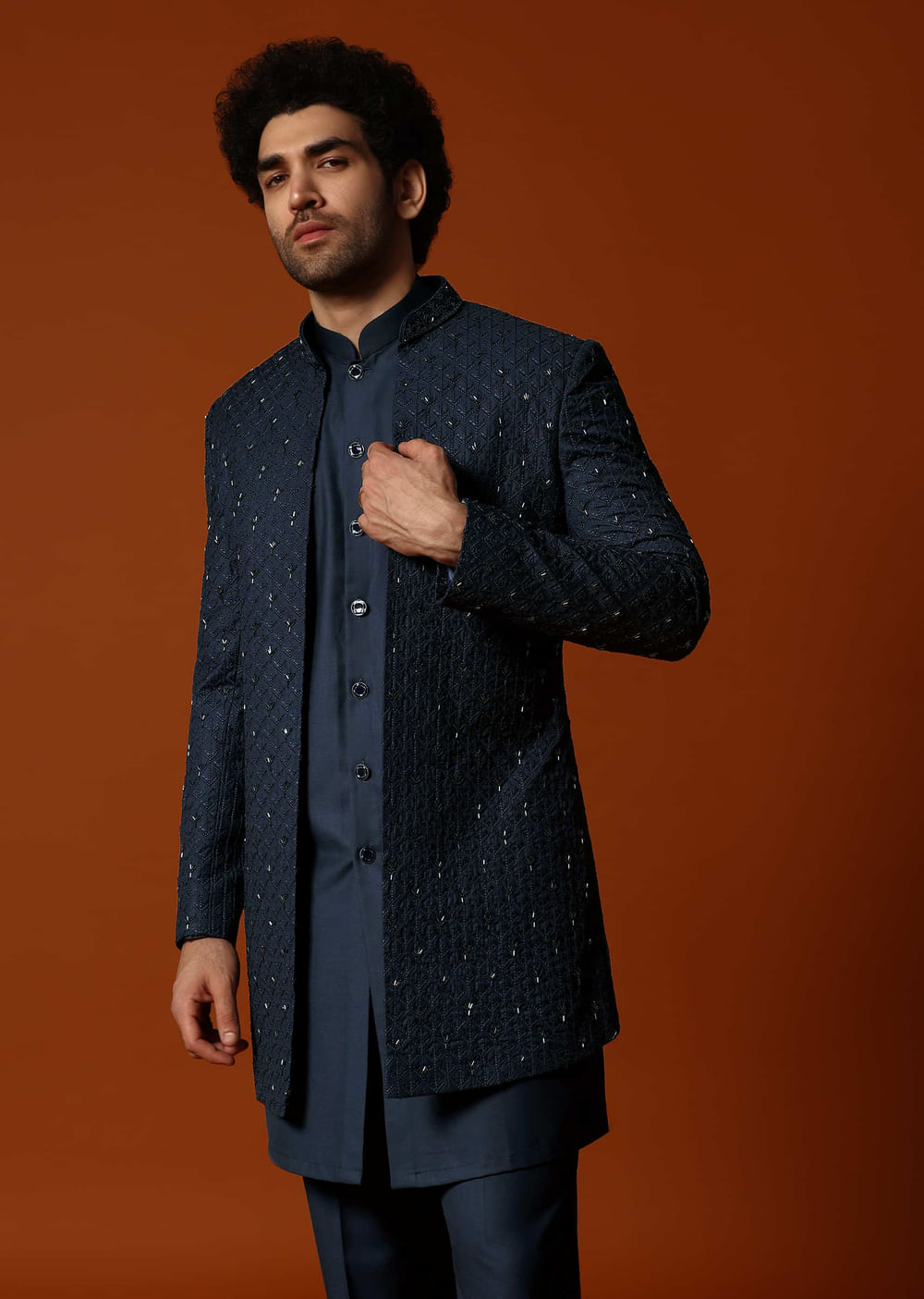 Navy Blue Cutdana Embroidered Sherwani Set For Men
