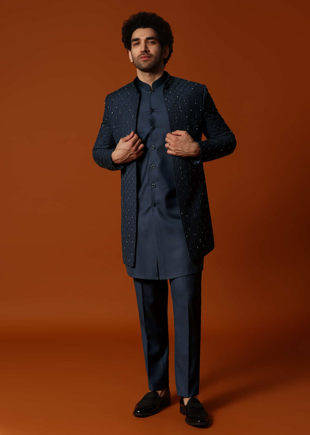 Navy Blue Cutdana Embroidered Sherwani Set For Men
