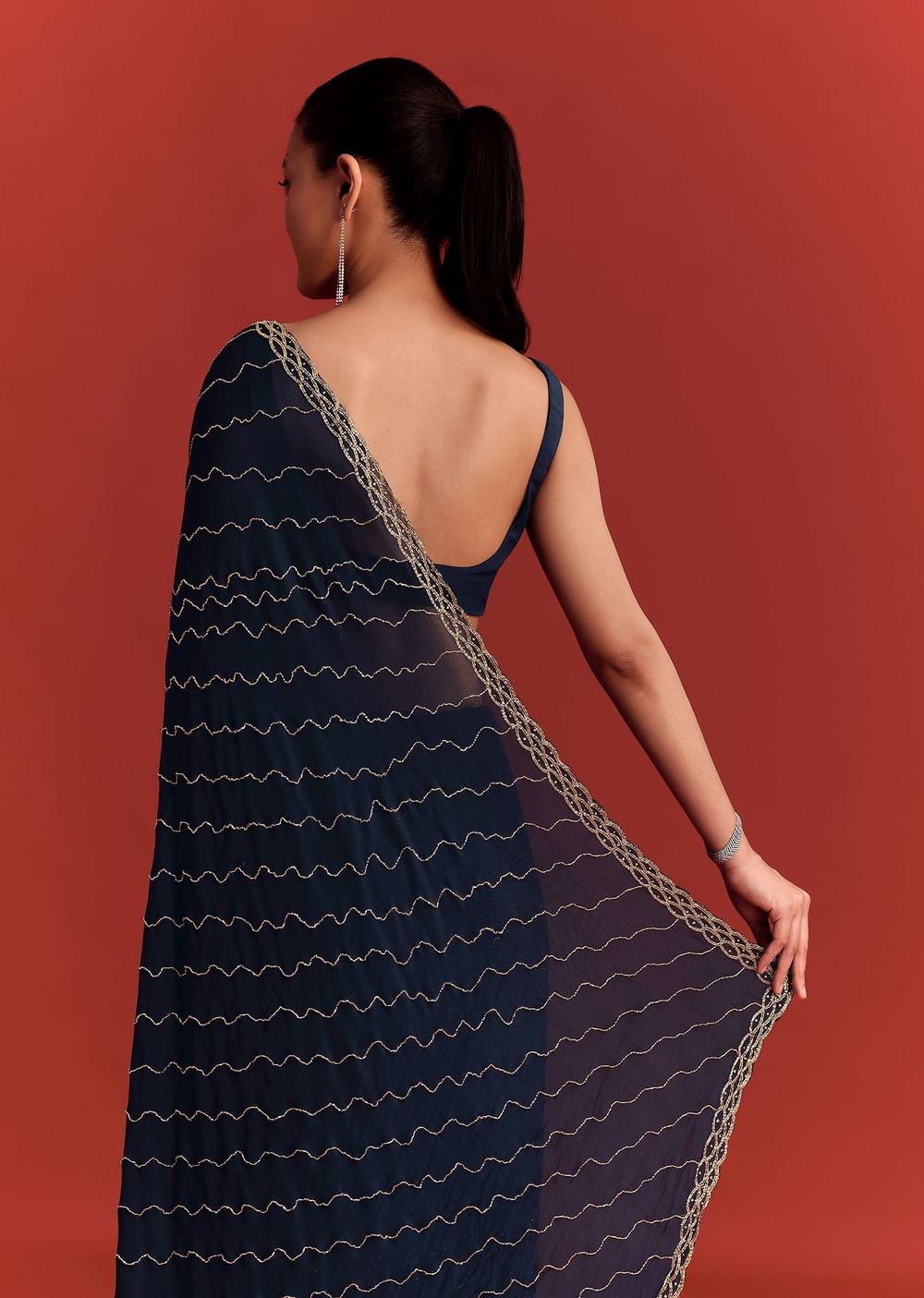 Navy Blue Cutdana Work Chinnon Saree