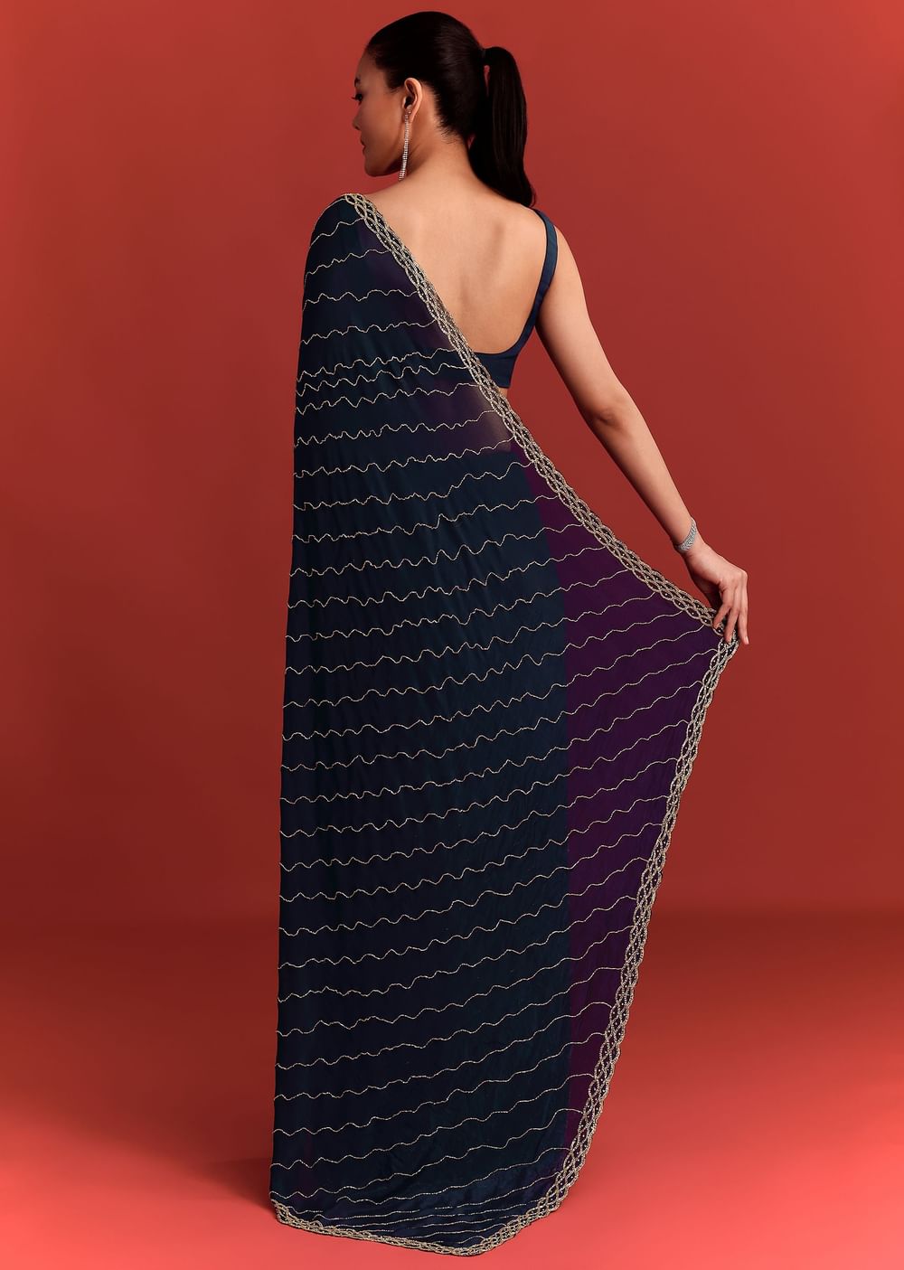 Navy Blue Cutdana Work Chinnon Saree