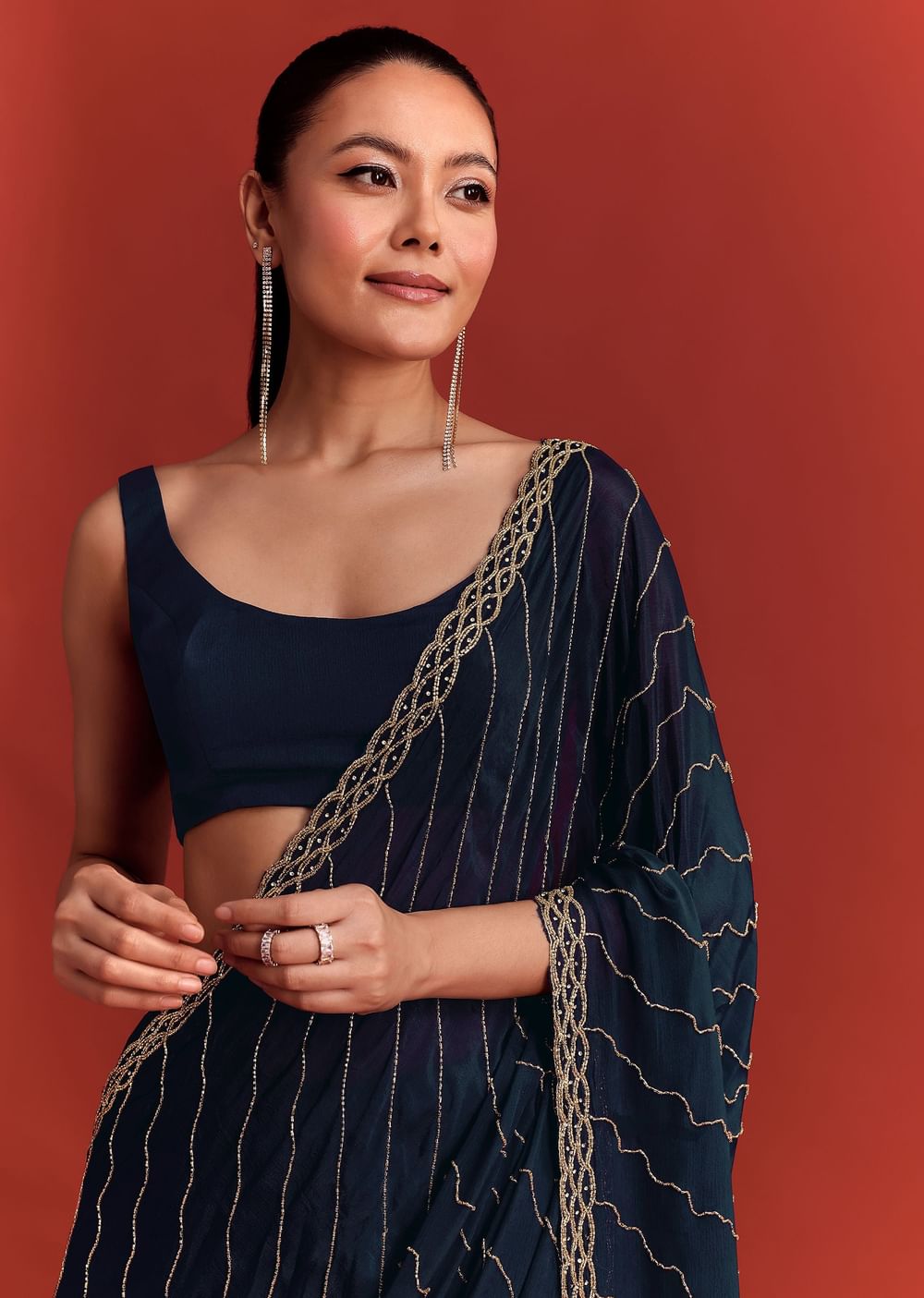 Navy Blue Cutdana Work Chinnon Saree