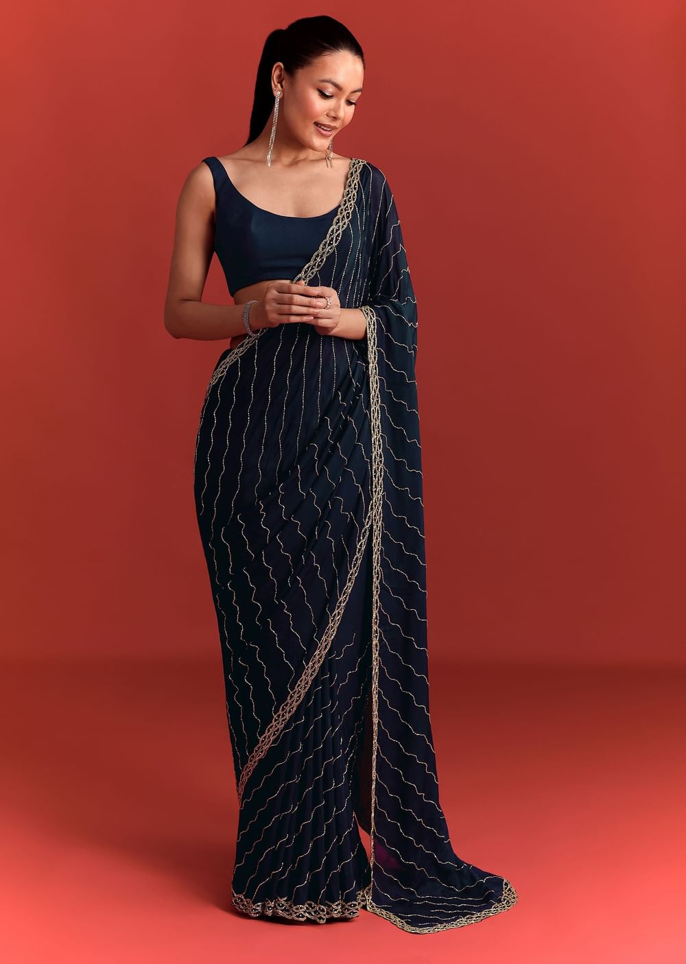Navy Blue Cutdana Work Chinnon Saree