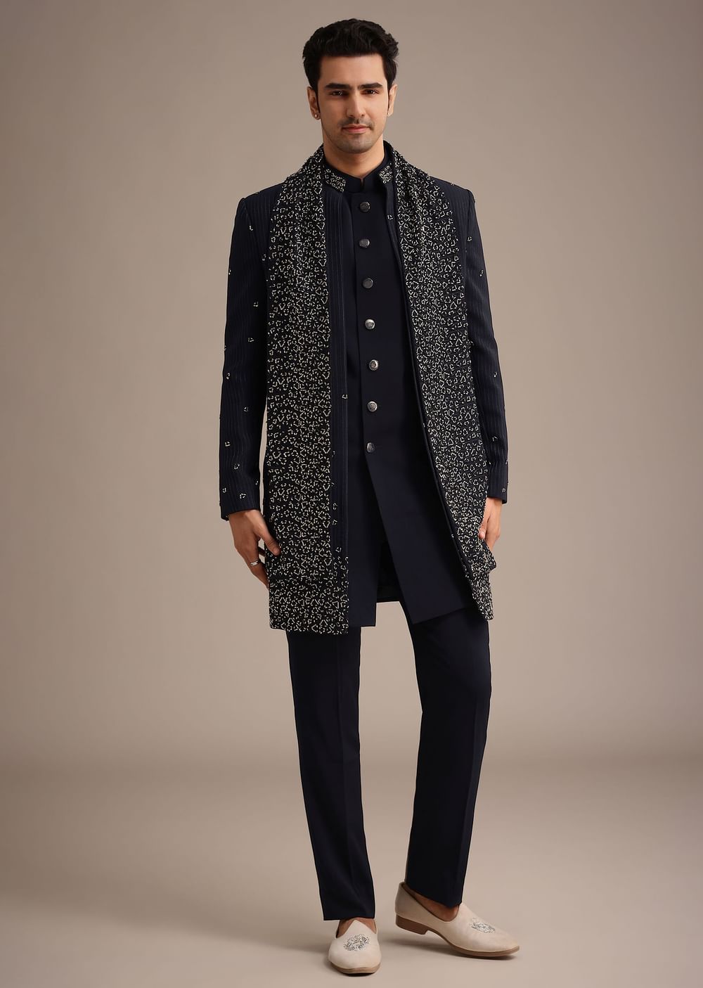 Navy Blue Cutdana Work Indowestern Set