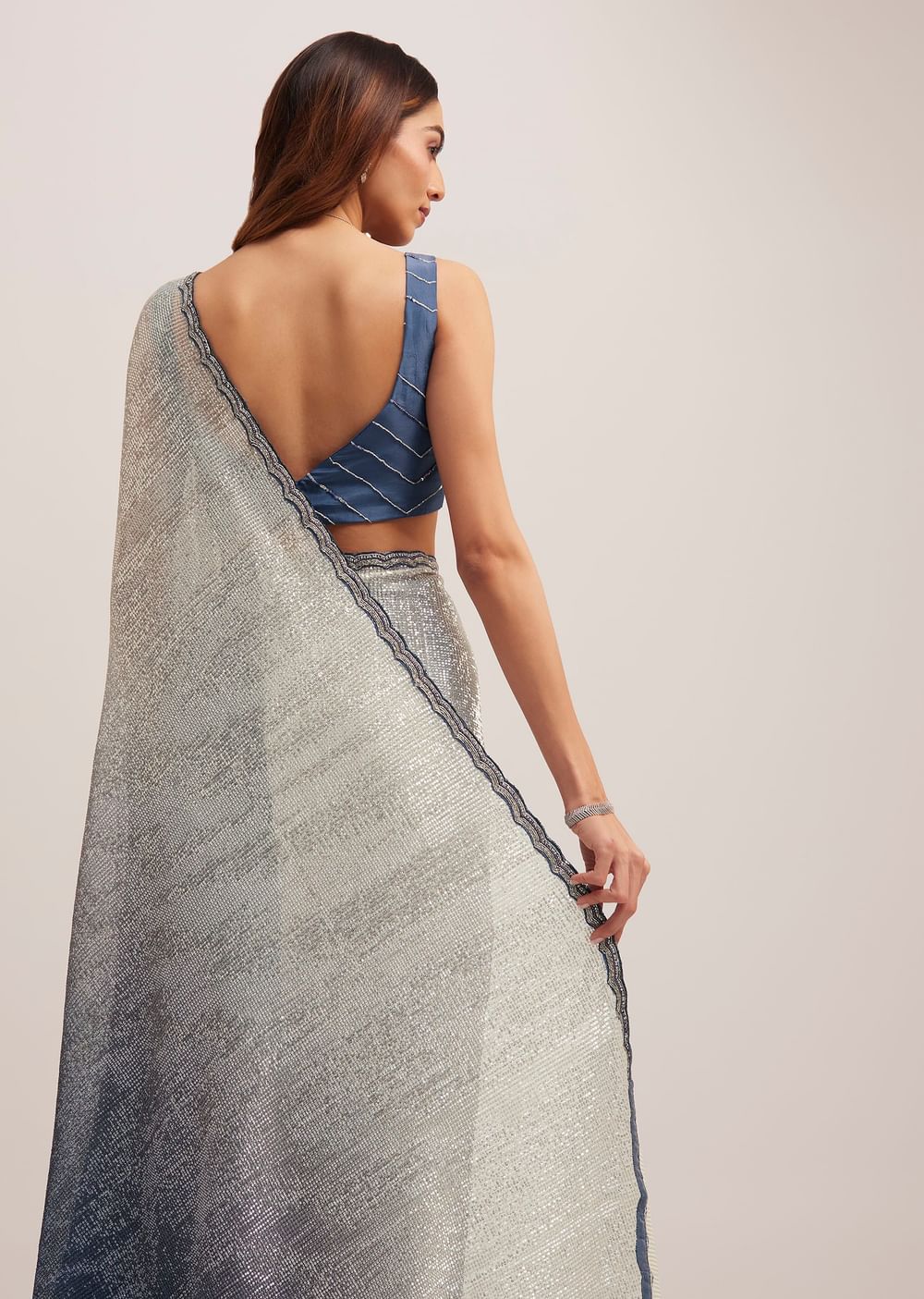 Navy Blue Dual Shaded Sequins Saree With Scalloped Border