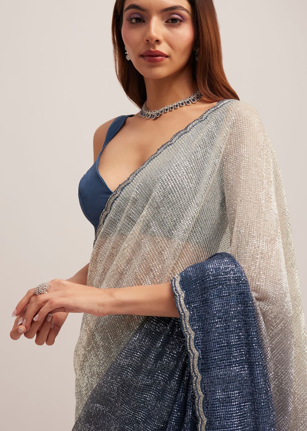 Navy Blue Dual Shaded Sequins Saree With Scalloped Border