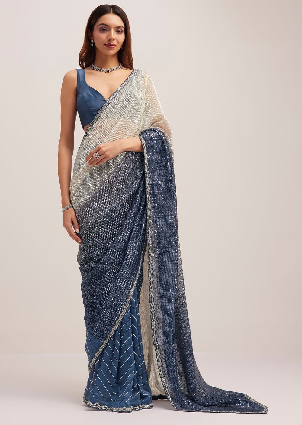 Navy Blue Dual Shaded Sequins Saree With Scalloped Border